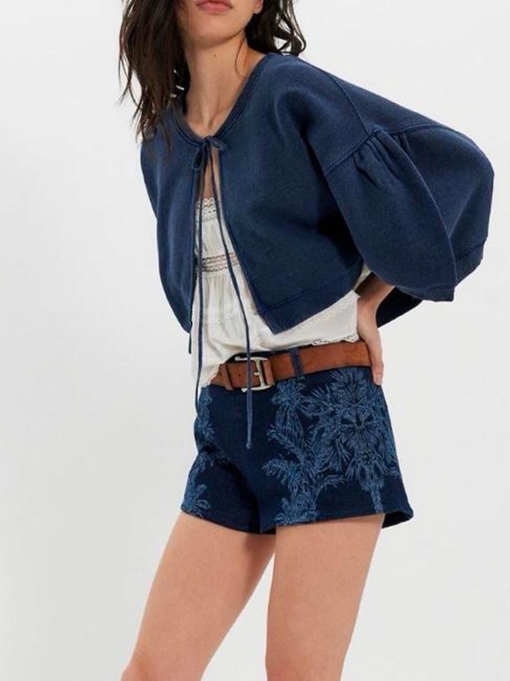 Free People Navy Cropped Tie-Front Cadigan
